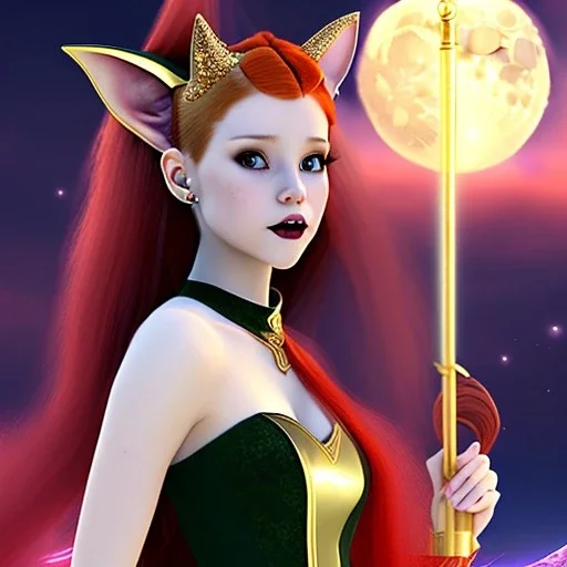 Attractive teenage girl with red hair and golden highlights, who is dressed like a witch casting a spell with a quarterstaff on the moon, she has cat ears, green eyes looking at the moon, has a normal nose, background is realistic space, the girl is on a planet, goth girl dress, full body portrait, arm colors gradient effect into stars, rendered, unity 3d, unreal engine, dslr, hdr, 4k, edited, photorealistic, normal number of appendages, freckles, artists rendered