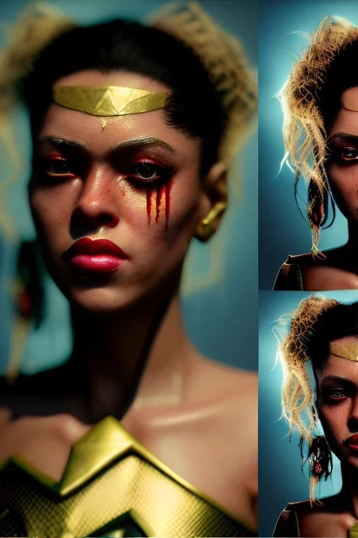 portrait, Shakira, make-up, angry, Realistic image, superhero, retro, dc style, gold make-up, blood, sweat, fog, goddess. Black background, photo studio, concept art, smooth, unreal engine 5, god lights, ray tracing, RTX, lumen lighting, ultra detail, volumetric lighting, 3d, finely drawn, high definition, 4k.