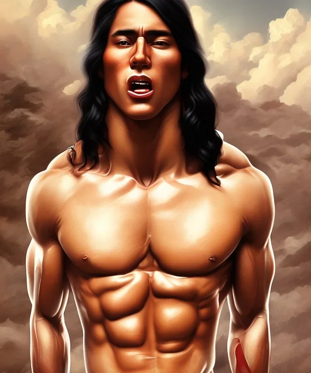 native american warrior, long black hair, big muscles, face up, mouth wide open, scream face, shirtless, looking to the sky