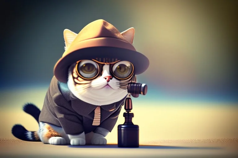 cute chibi spy cat in detective clothes and hat with magnifying glass, watching pictures with it in sunshine, ethereal, cinematic postprocessing, bokeh, dof