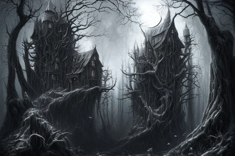  Wednesday Adams, black and white, one tall narrow scary house , pointy roof, cursed trees , dense dark forest, forest background, spiders, bats, bones, Escher style