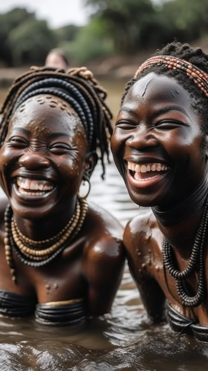 Two African women, laughing while swimming in muddy lake