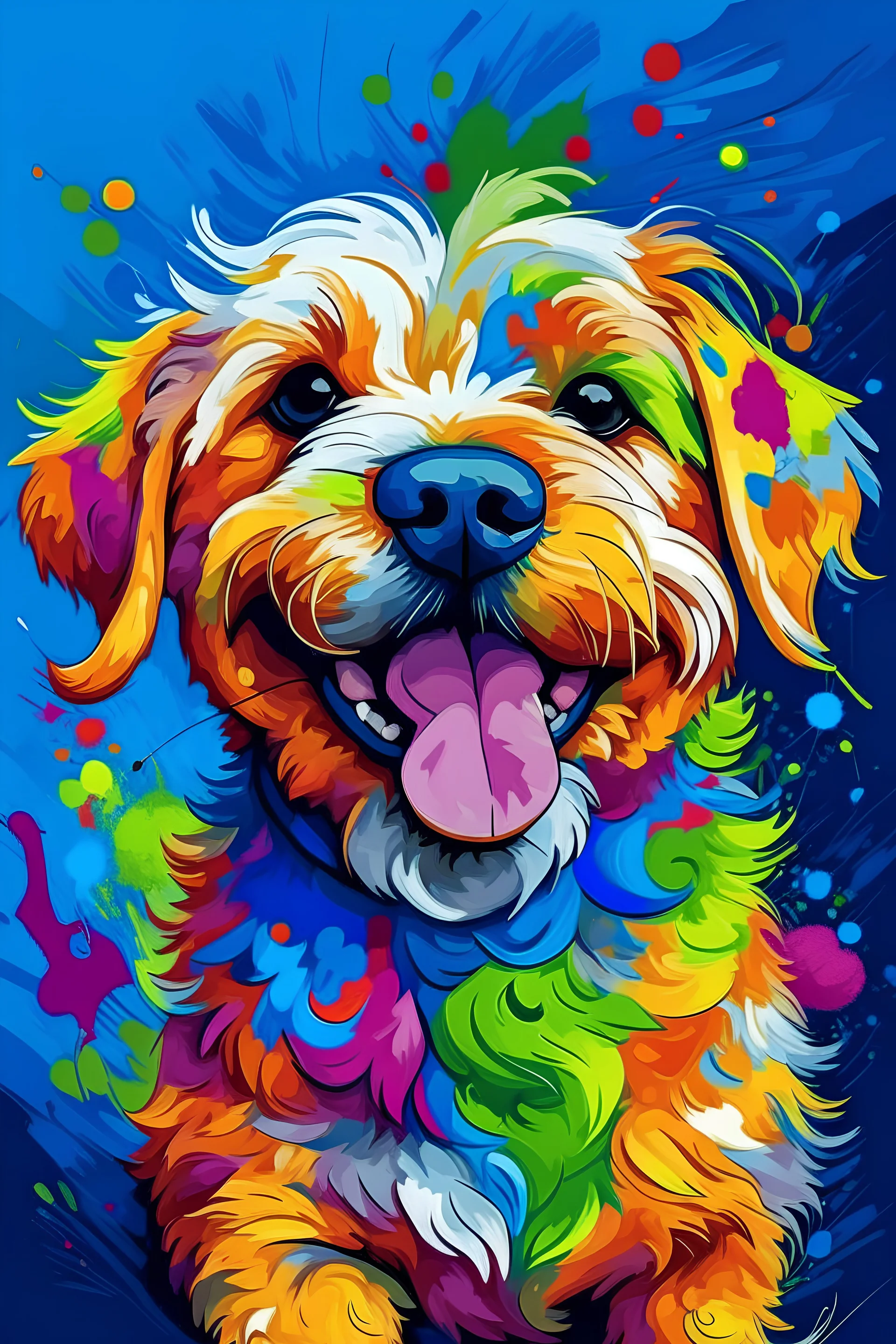 An art for a cute happy dog, detailed, ten different colors, painted