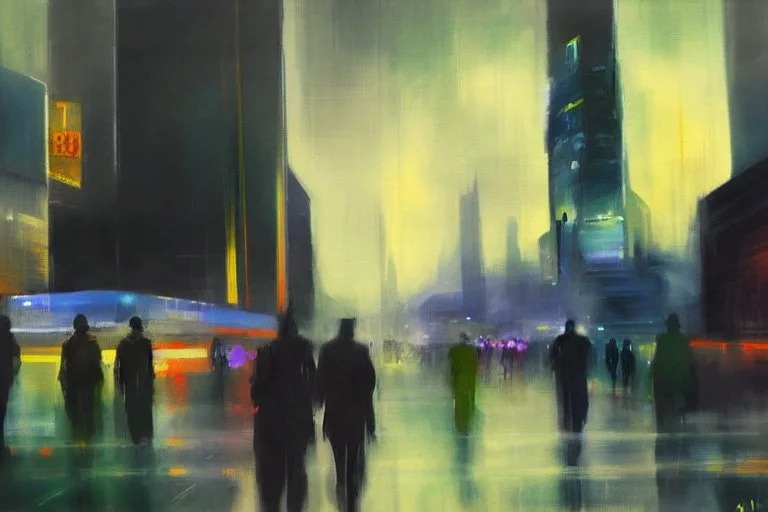 Futuristic City, city lights, people, street, Blade runner influence, lesser ury impressionism painting