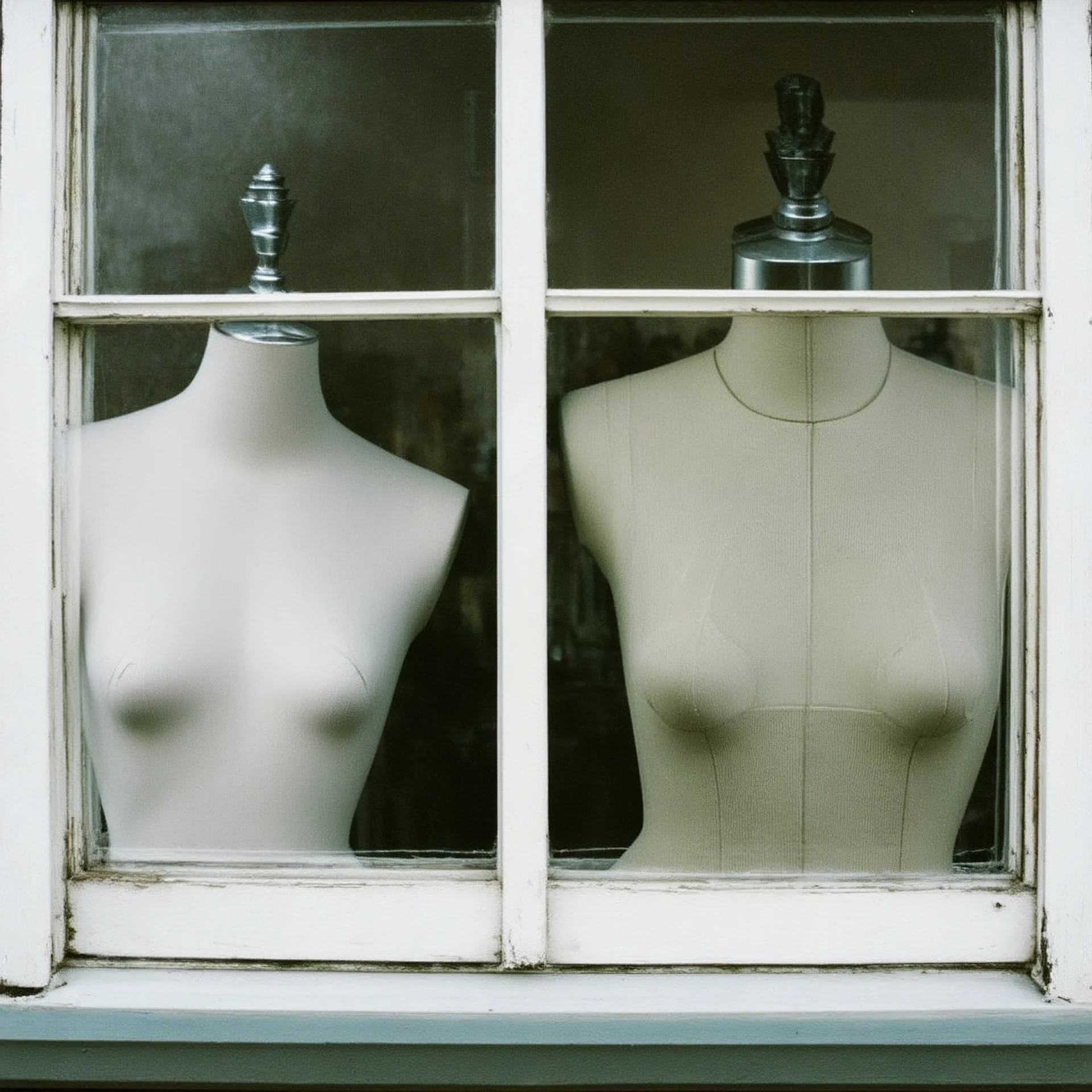 polaroid of a grunge display mannequin behind a window