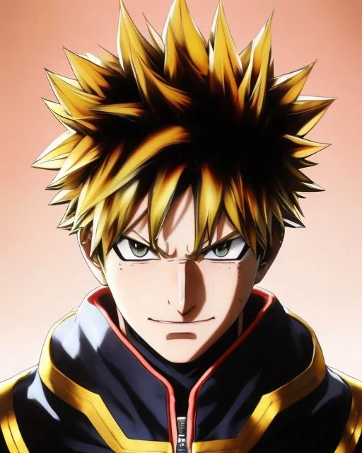 Detailed anime portrait of bakugo from my hero academia, gold hair and golden eyes, black suit, intricate details, full body portrait, keep head in frame, slight smile, black Japanese motif, concept art, highly detailed, digital painting, concept art, sharp focus, illustration, art by Yoji Shinkawa, WLOP and greg rutkowski and alphonse mucha and artgerm and yanjun Chen and Junji ito and Makoto Shinkai, HDR, octane render