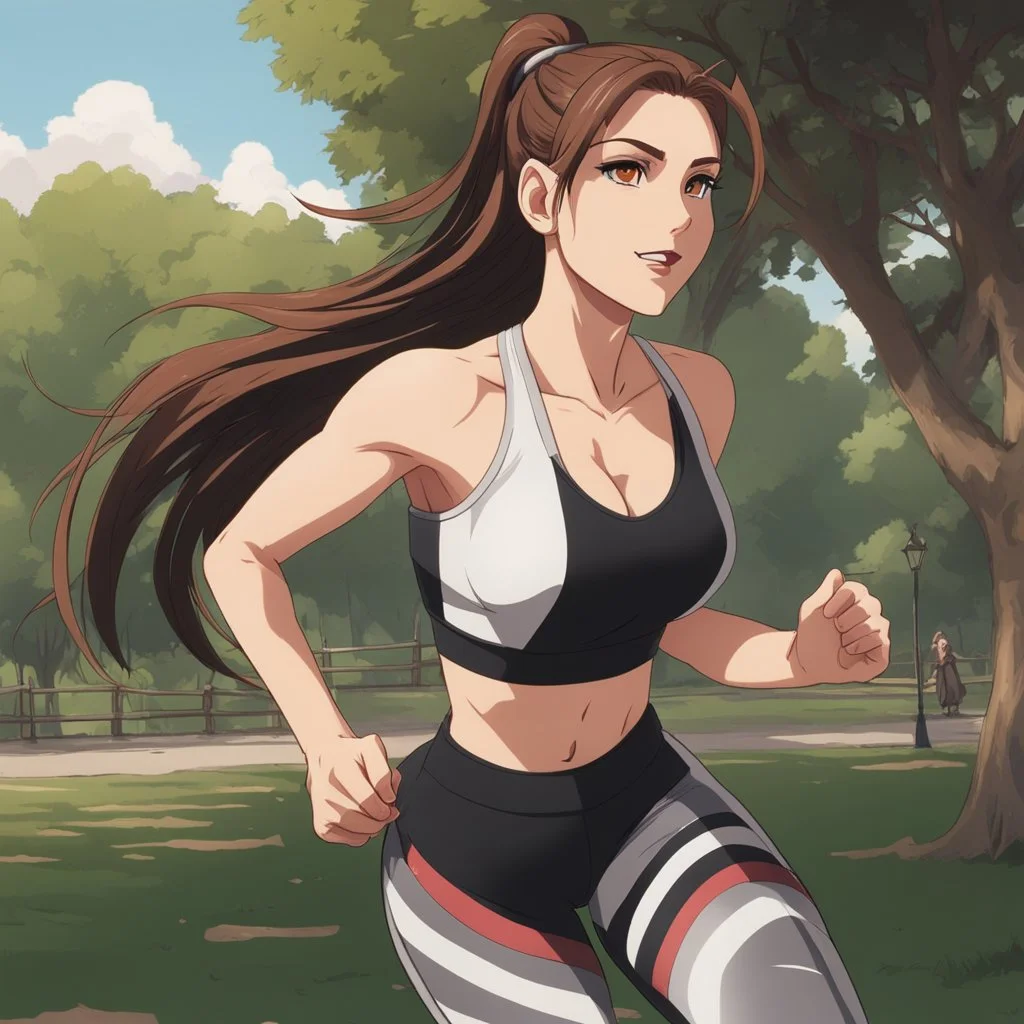 An Arrogant-Looking Young Woman With Pale Skin, Red Eyes, And Long Brown Hair Pulled Up In A Single, Straight Ponytail. Jogging in the park. wearing a black crop top and leggings. Anime Style, High Definition, Greg Rutkowski, 8k Resolution, Intricate Details