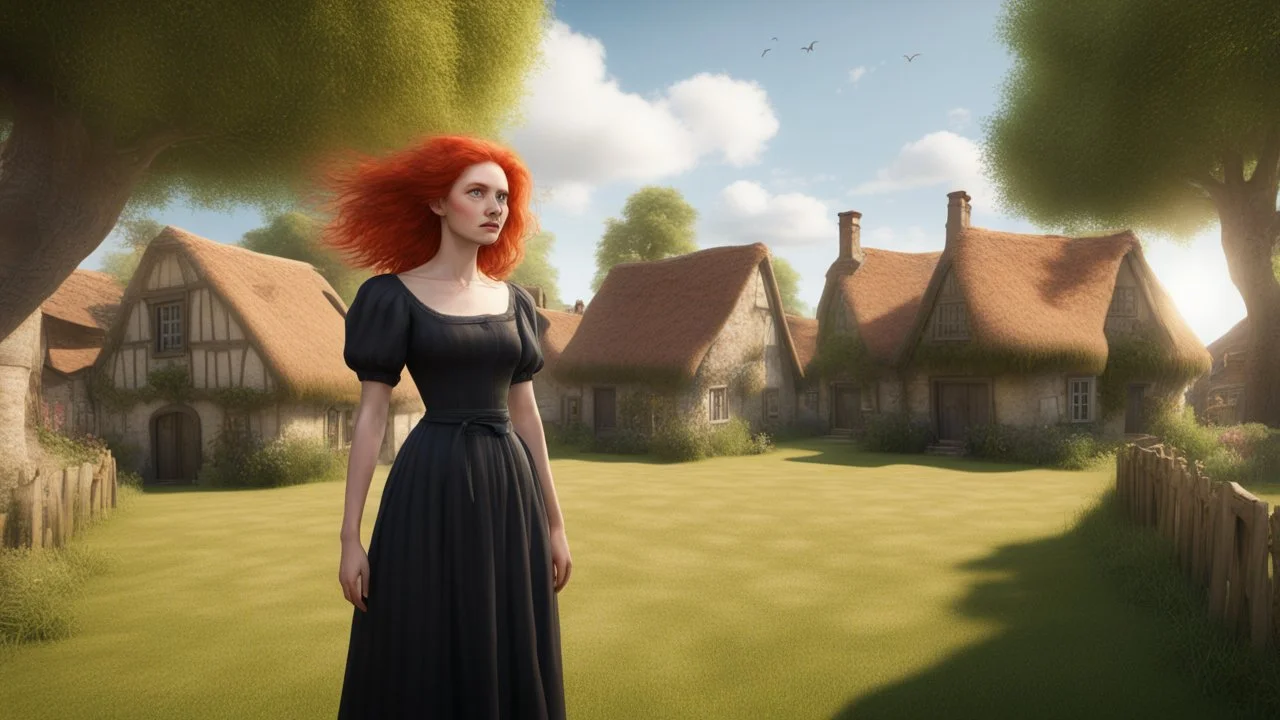 A photorealistic image of a red-haired, slender, witchy woman standing in a village common with neat-mown grass, surrounded by many thatched cottages and shops, under a large tree. Sunny day.