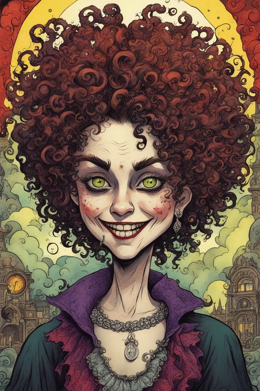 a cartoon illustration of a schizophrenic curly haired vampire girl , in the cartoon style of Lynda Barry , Ernie Pook's Comeek, vibrant natural colors, , museum quality masterpiece