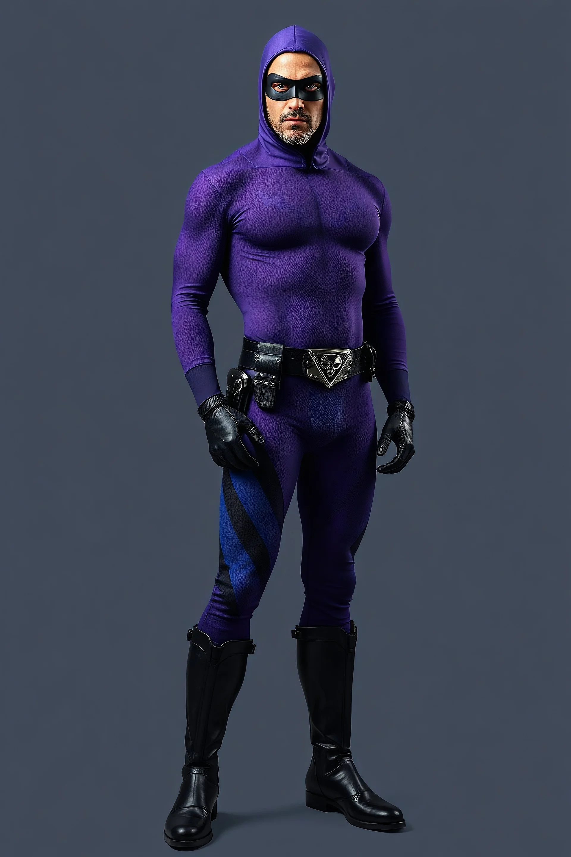 full-length, A portrait of a the Phantom, a man with piercing blue eyes, a chiseled jaw, goatee, timeless face, stern expression, Wearing a skintight formfitting purple cotton hero suit with a skintight cowl that fits tight to his head, but does not cover his face, he wears a thin, black leather, bandit eye disguise over his eyes, black and blue diagonally striped trunks, dual-holstered pistol belt adorned with a triangle skull-shaped buckle with leg straps, Knee-high black leather boot