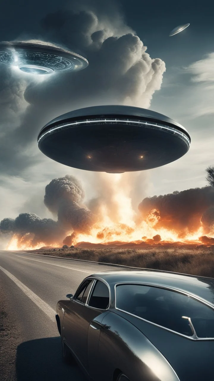 The image shows a photograph with a science fiction theme. Reflected in a side-view mirror, we see a car with passengers, driving on a desolate road. In the background, a large UFO hovers in the sky while multiple explosions erupt in the distance, sending up clouds of smoke and fire. The mirror's border frames this chaotic scene, juxtaposing a calm, seemingly oblivious drive with the dramatic events unfolding behind.