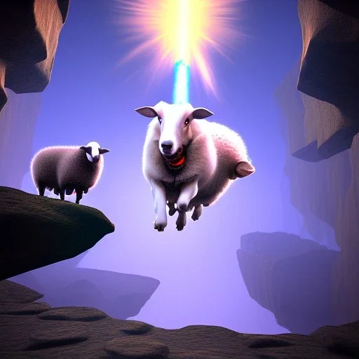 dog herding sheep over chasm with a jet pack