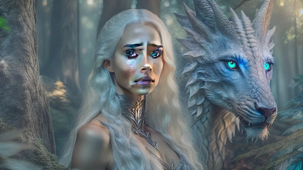 whole body image of beautiful Daenerys Targaryen from Game of Thrones in a mystical enchanted forest standing next to Drogo the dragon, HD 8K, sharp detail, hyperrealistic photo accurate face and features, cinematic lighting