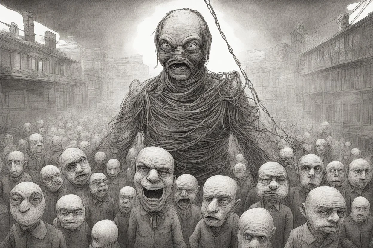 an oppressive government looms above, pulling the strings of puppets below, the news media broadcasts their suffering everywhere, dystopian, dread, horror