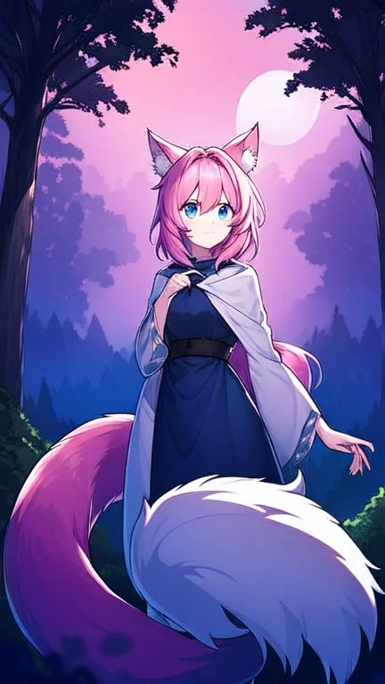 Forest , night, girl, blue eyes, pink hair, big wolf tail, wolf ears, wolf paws