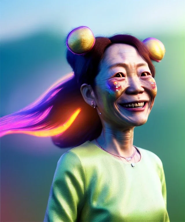 Ultra Realistic photo, medium shot view, drunken sweet dancer old Asian woman, carnival scene, monster hair, steampunk style. Red hair, confeti, smile, happy, festival, ovnis, gradient color fog. highly detailed, concept art, unreal engine 5, ray tracing, RTX, lumen lighting, ultra detail, volumetric lighting, 3d, finely drawn, high definition, high resolution.