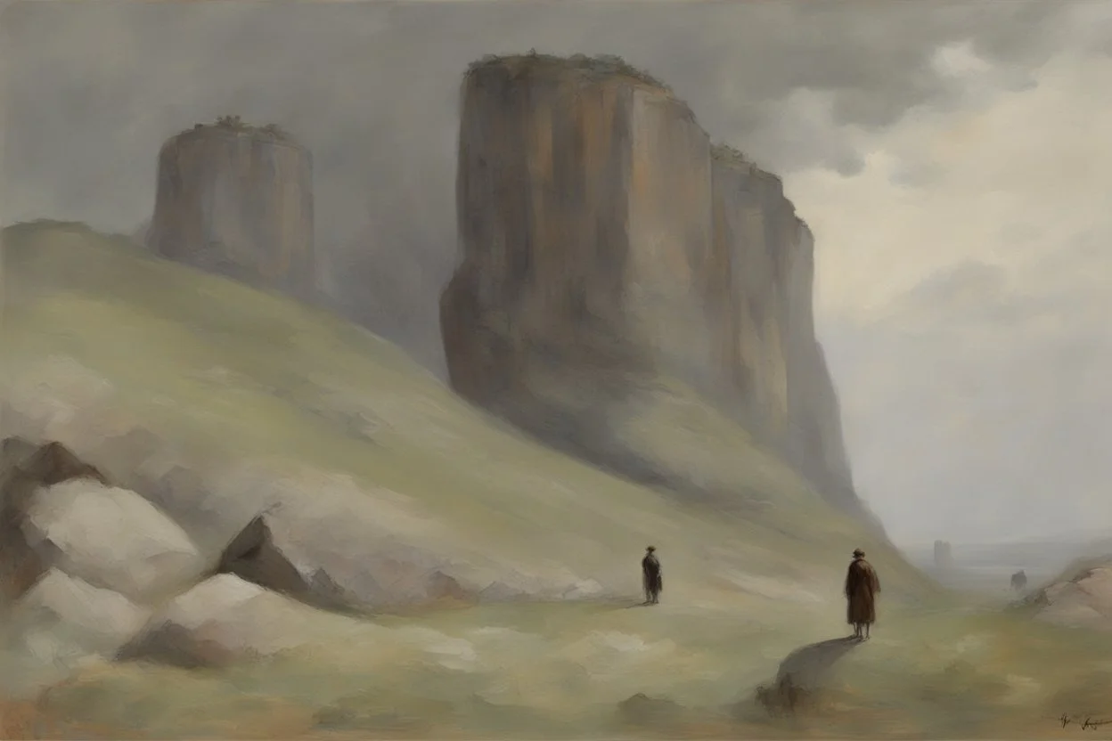 cloudy grey day, few distant cliffs, philosophic and trascendent influence, unforgettable landscape, rocks, videgame landscapes influence, epic, one person, distant mountains, rodolphe wytsman, jenny montigny, and friedrich eckenfelder impressionism paintings