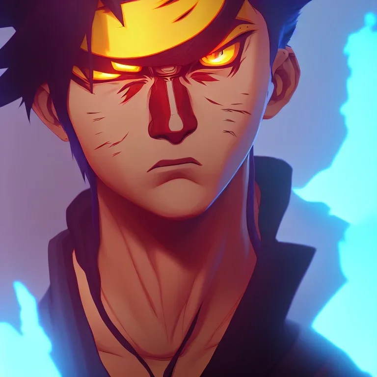 portrait of naruto, fire eyes, ultimate power, beast mode,cyberpunk effect,