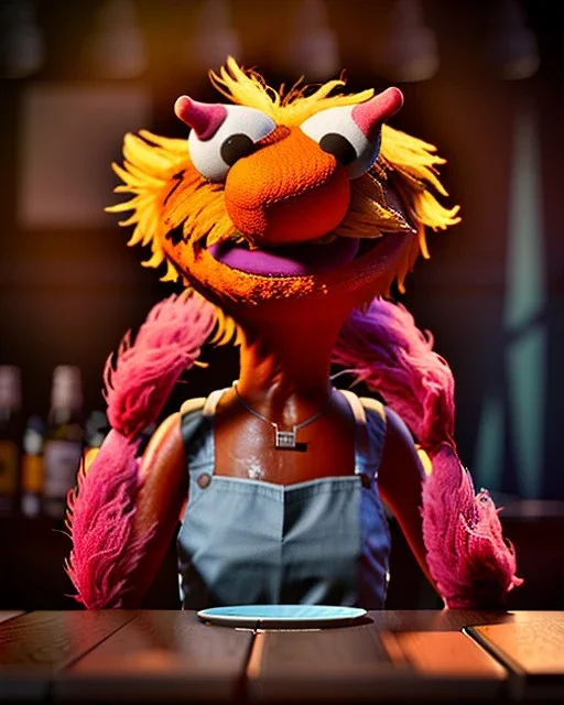 Pub, hybrid character, waitress woman with monster muppet mask that covers her entire head, retro style, Sesame Street style, smooth, unreal engine 5, god lights, ray tracing, RTX, lumen lighting, ultra detail, volumetric lighting, 3d.