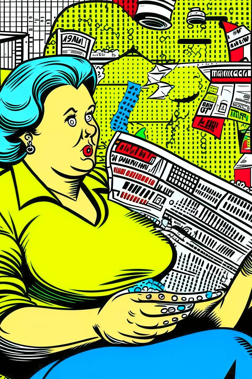 fat woman sitting on sofa READING NEWS PAPER listening to radio watching tv news WITH BIG BOTTLE OF SODA AND EATING BIG BAG OF POTATO CHIPS in a room with signs of propaganda in the style of roy lichtenstein