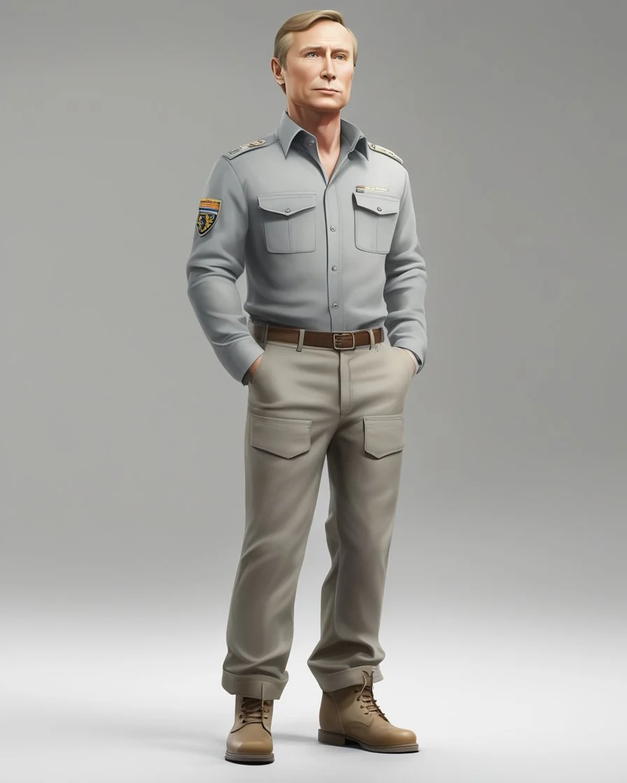 4D cartoon with big head, ultra-realistic details of Putin dressed in a plain gray long-sleeved shirt, cargo pants, cream-colored boots, hands in pockets, white background