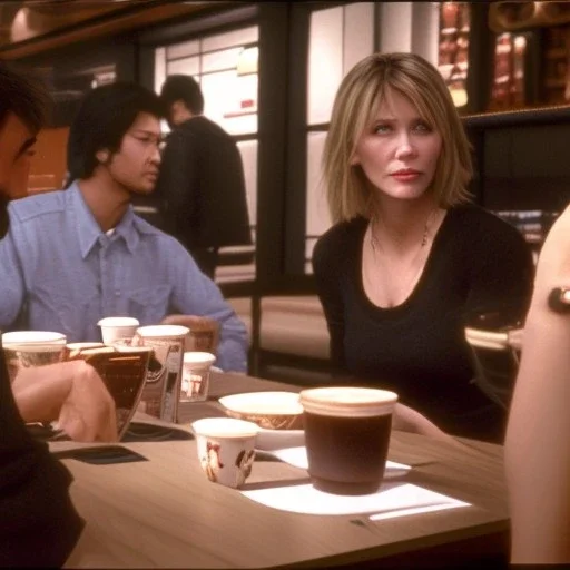 Courtney Cox, Courtney Love and Ken Watanabe chatting happily over coffee at Starbucks