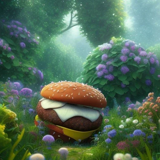 pixar style, volumetric summer garden environment and background, realistic painting of hamburger, looking excited, volumetric lighting, dramatic lighting, detailed digital painting, extreme dense and fine fur, anime, ornate, colour-washed colors, elegant, small minutiae, tiny features, particulars, centered, smooth, sharp focus, renderman gofur render, 8k, uhd, detailed eyes, realistic shaded volumetric lighting, sunlight caustics, backlight, centered camera view