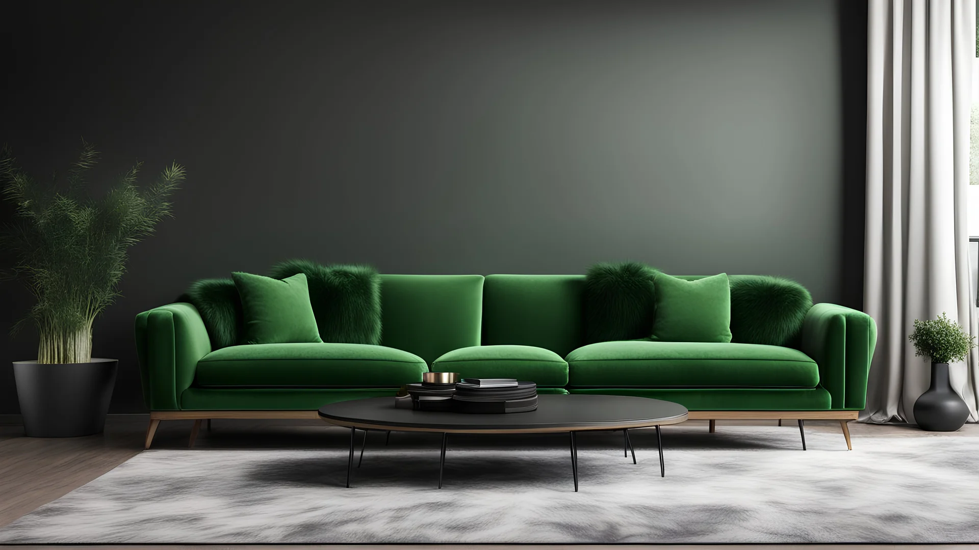 Black interior with green velour sofa, table, fur carpet and decor. 3d render illustration mock up.