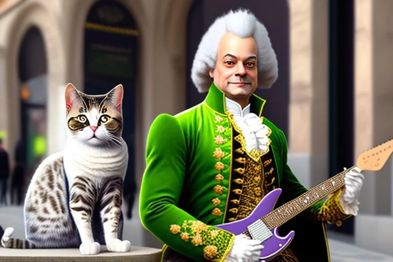 Mature cats dressed like "Wolfgang Amadeus Mozart", paws, playing music, street, Vienna, friendly, sunny day, model style, hyper realistic, extremely accurate, delicate, extremely detailed, Graphic novel style, wide-angle, open aperture, superfine pencil