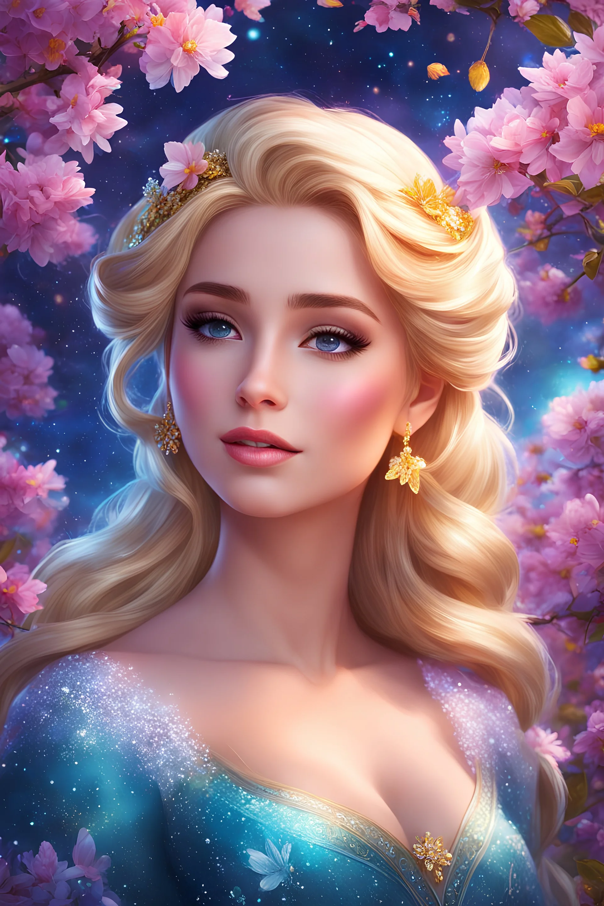As the night sky casts its dreamy gaze upon Elsa, amidst the vibrant blossoms of spring, her blonde locks shimmer like a golden halo. highly detailed, digital art, beautiful detailed digital art, colorful, high quality, 4k