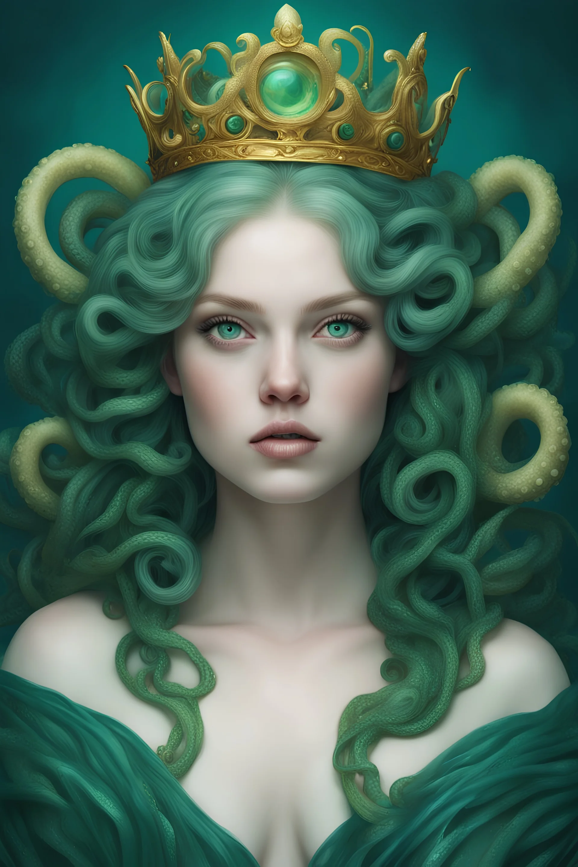 Ultra realistic portrait of a pale girl, beautiful chubby face, green eyes, hair made from tentacles of jelly skin with dark aqua color like medusa, greek crown ornament of gold, midle shoot