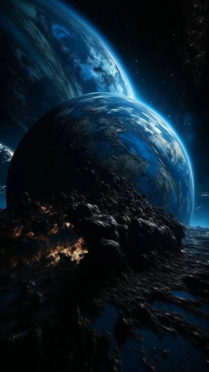 Intense cold dark blue planet behind Earth view from a distance, a lot of Intelsats orbiting around Earth, Hole apocalypse wipes out Universe. Cold blue cloudy hole collision explodes in outer space.a shape of devilish dark body with hood in the hole like sucked in side Epic galaxy , Cinematic interstellar