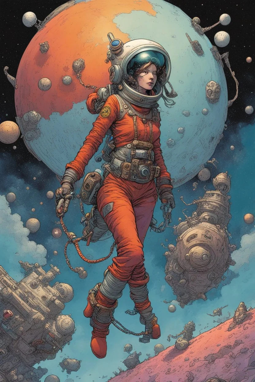 a starship pirate punk female captain in a deep-space diving suit, colorful , floating into the insane and confusing universe of the Angelarium colorful by Hergé, François Schuiten, Ivan Bilibin, Katsuya Terada, Mike Mignola, Paul Pope