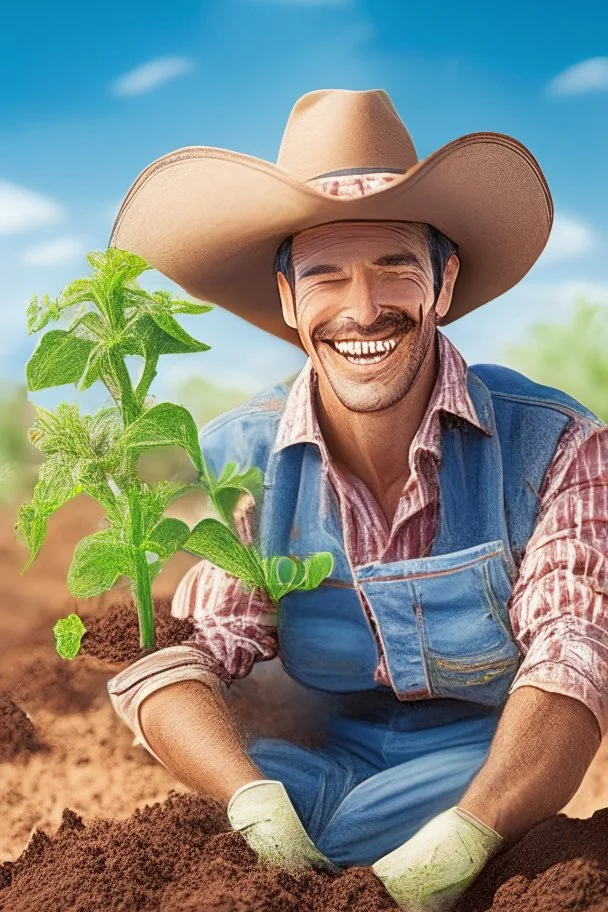 cowboy happy with plants growing in soil