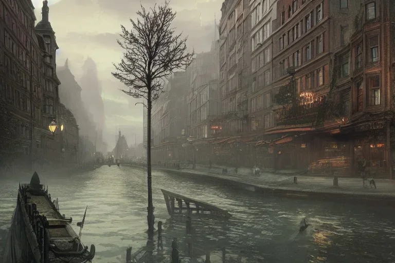 River+Corner diner+corner cafe+trees+old city lamps+Gothic city+BioShock+Dishonored +Bloodborne +trieste+Edinburgh+victorian london+Turin square+chicago+alphonse mucha, greg rutkowski, matte painting, cryengine