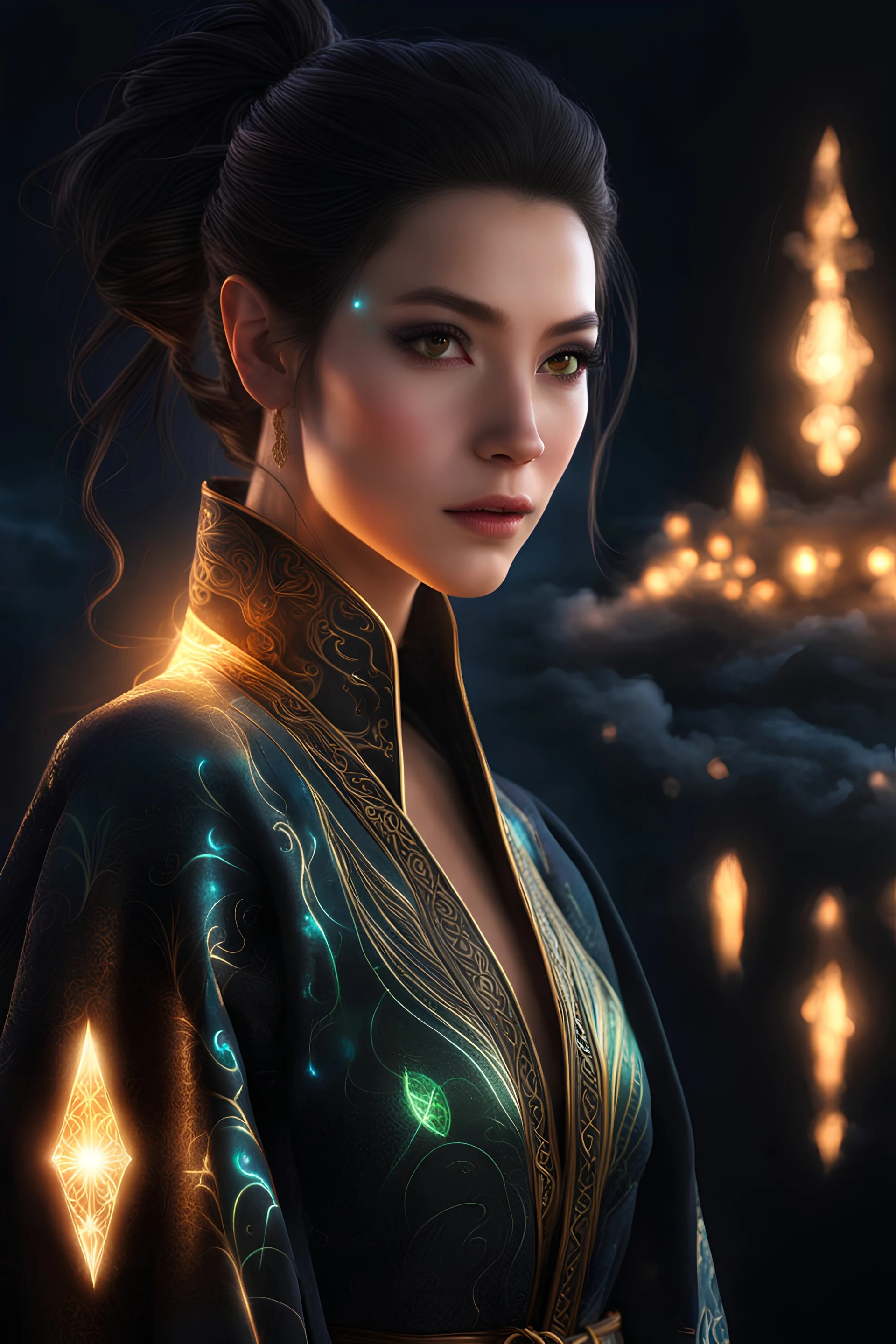 dark black eyes, female elf, dark high ponytail hair, detailed glowing ornamental magical pattern robe, glowing gem crackling with lightning implanted on robe, 8k, high detail, lake background, midnight, facing viewer, front facing