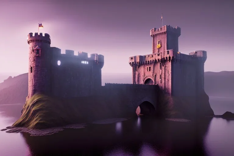 old castle, foggy, moat of lava, drawbridge. surrounded by cliffs, purple