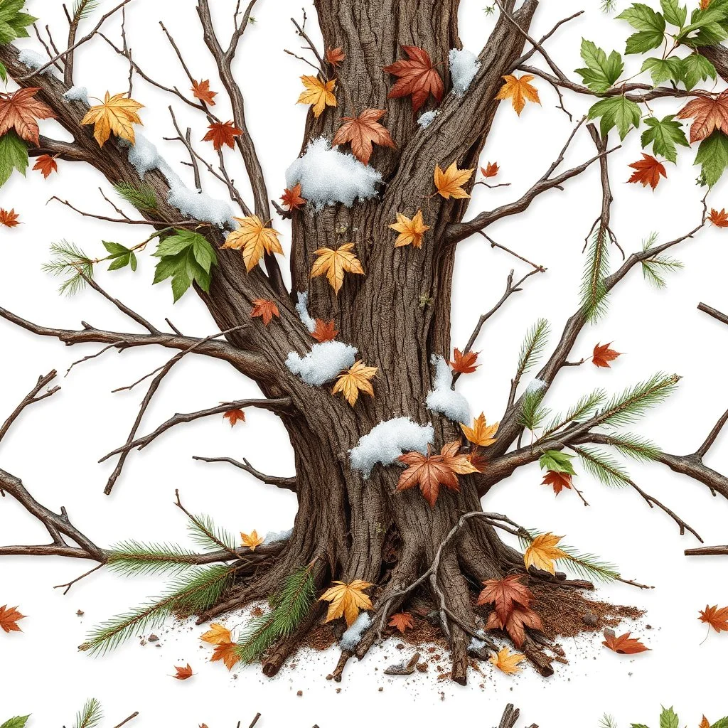 detailed Real Tree Camouflage made of sticks, twigs, tree bark, dried maple leaves, green pine branches, snow and dirt, white background, seamless repeatable texture pattern imitating a natural forest background, add details