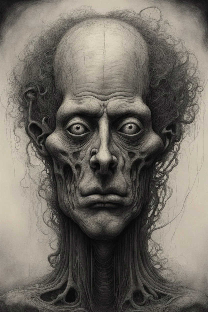 The face of a man with hairy curly head a thin line draw ، front view camera, decayed and rotting with grotesque proportions and imagery. surreal horror, biomechanical design, by hr giger and beksinski , fine lines draw