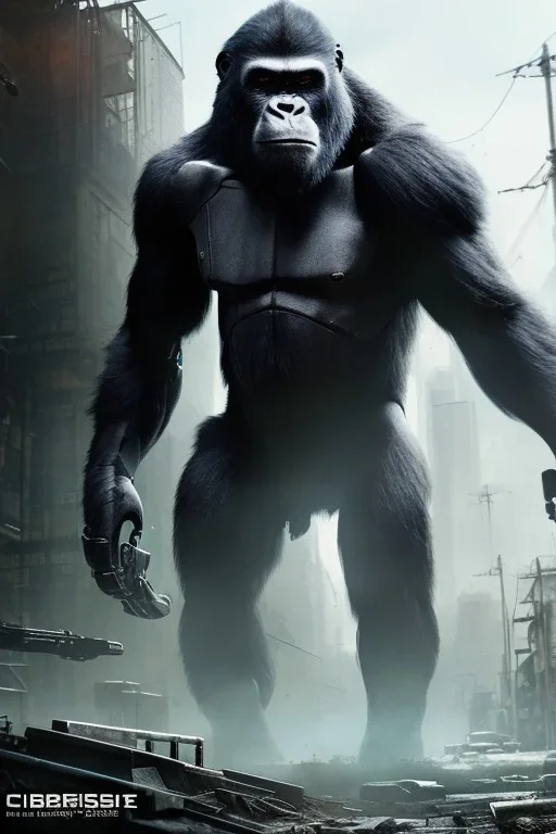 Robot Gorilla, post-apocalyptic in a cyberpunk city, realistic, intriacte detail, sci-fi fantasy style, volumetric lighting, particales,highly detailed,cinamatic, deep