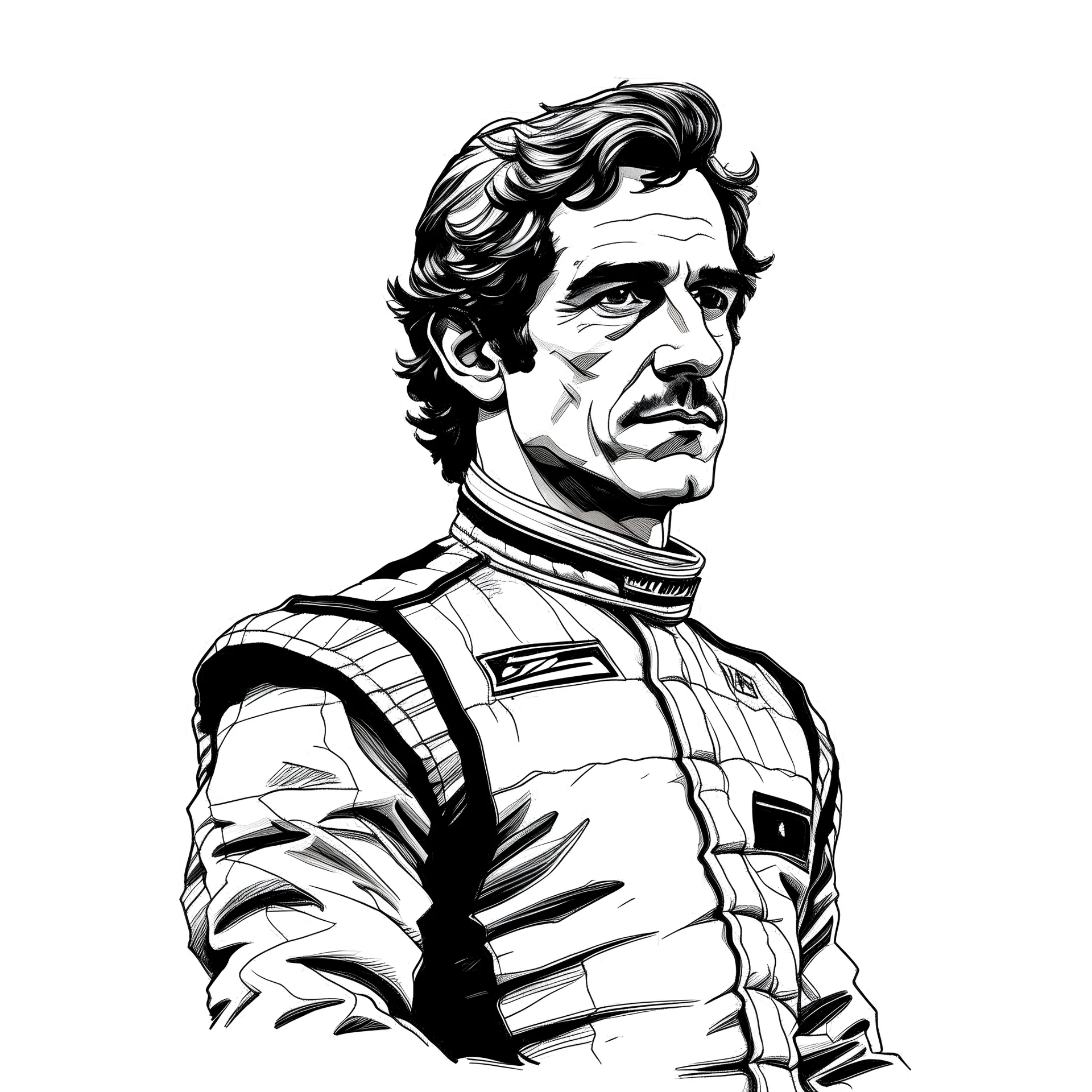 Quero que você gere um desenho de baixissima qualidade em preto e branco do ayrton senna em pé