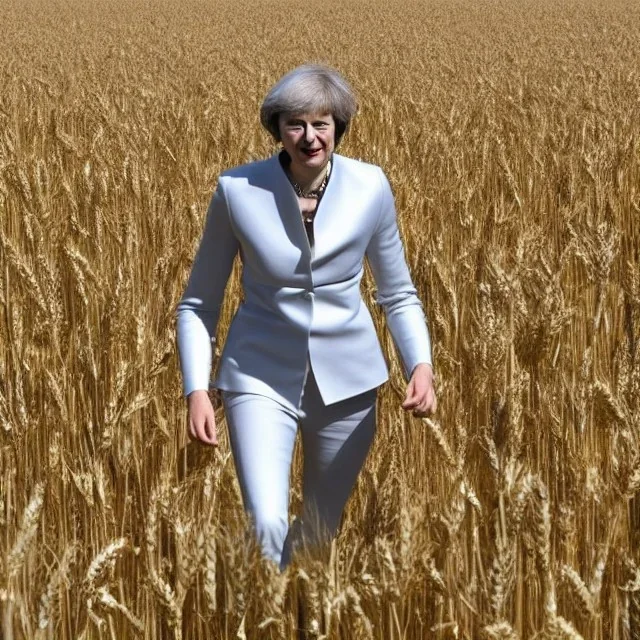 theresa may in a robot suit, running through fields of wheat, sunshine, daytime