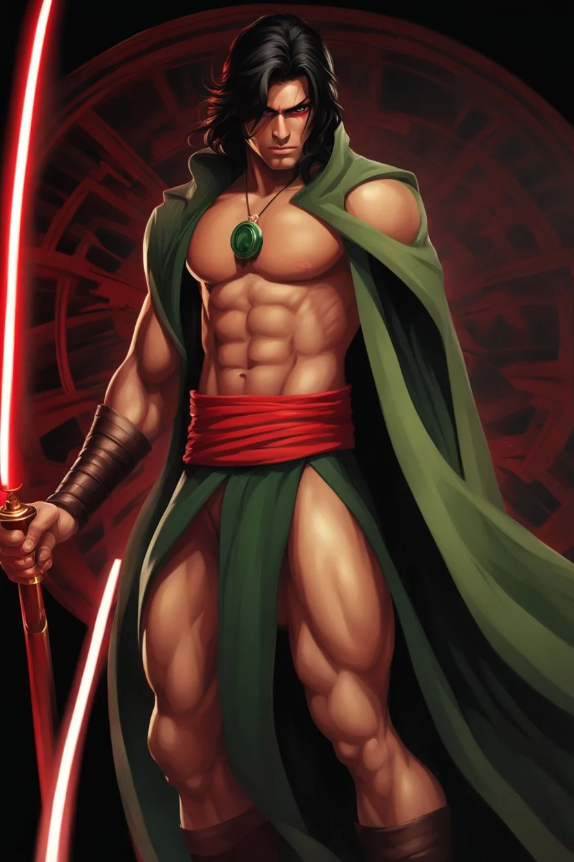 Full Body, Male Tan Human, Muscluar Body, Sith, Red Blindfold, Green and Black Robes, Handsome face, Black hair.