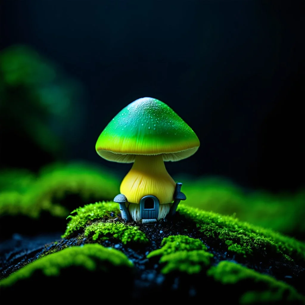 "Close up of a wonderful tiny Mushroom Tower home. green and yellow with bright white, deep black and contrasting tones of gray. Illuminated bioluminescent forest. Professional painter, master at composition. small but detailed. broken, blurred background, voluminous lighting"