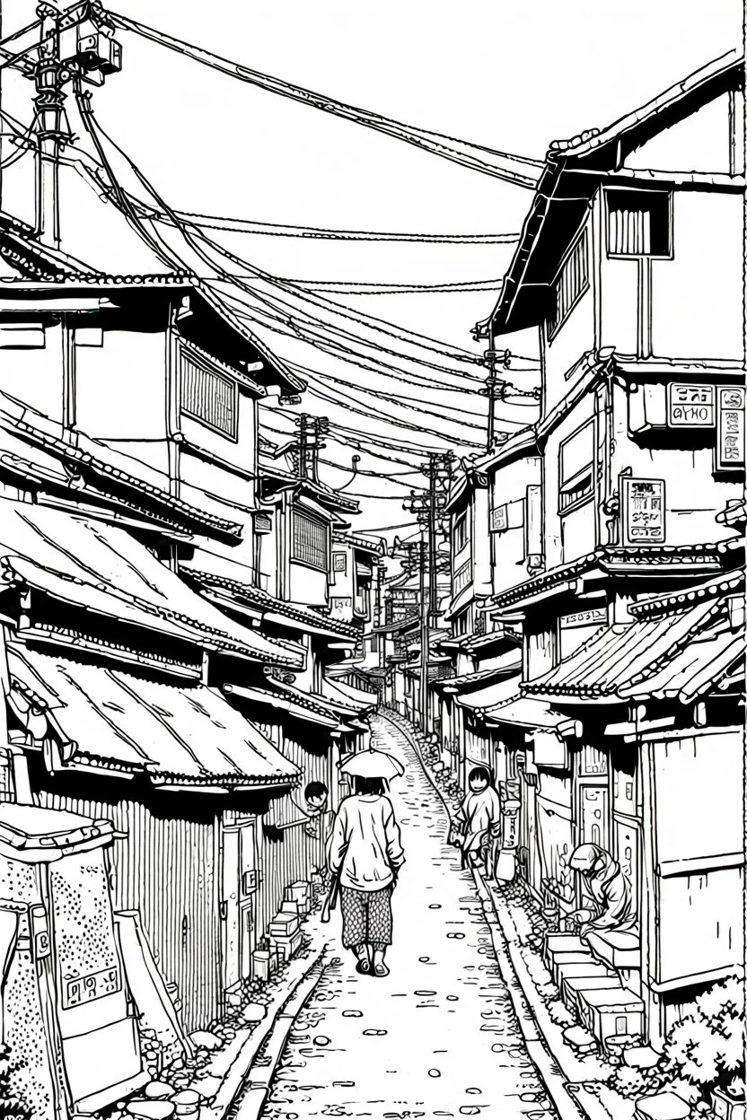 Poor neighborhood Tokyo, line arts, manga style