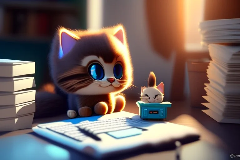 Cute fluffy chibi pixar brunette kitten working very hard at a desk, surrounded by lots of paper, computers and paper boxes, in the sunlight.