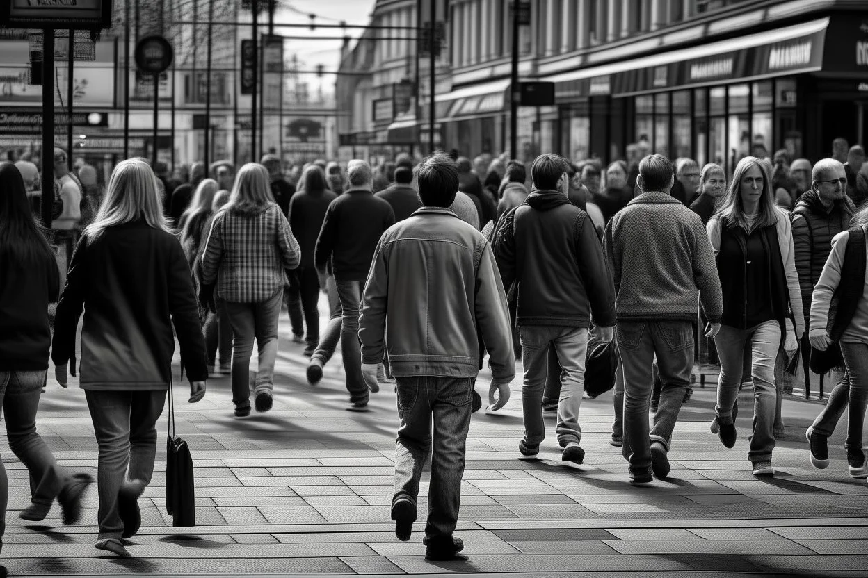 hombre caminando por el centro de una ciudad entre personas que vienen y van- Fotografía realizada con cámara Leica y objetivo 50 mm. realismo. realidad