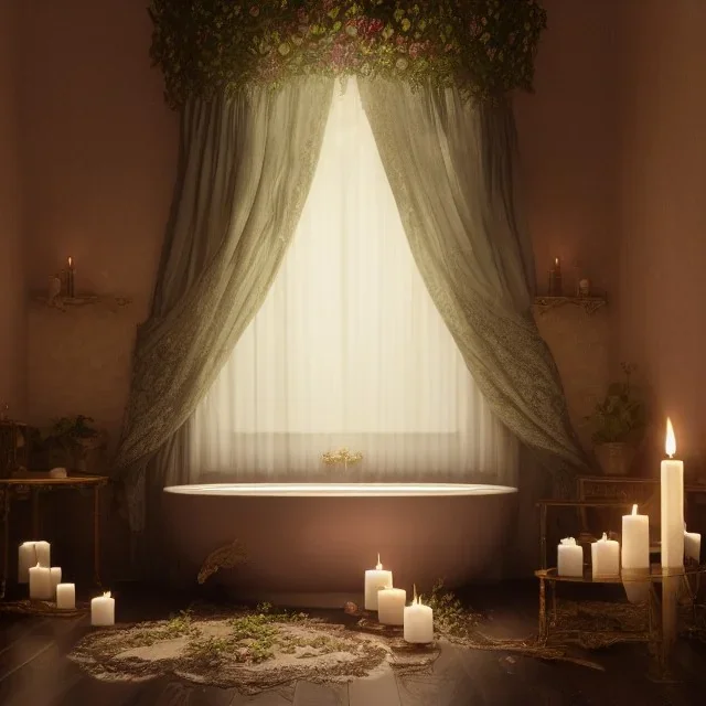 a gorgeous, stunning spa with gauzy curtains, ornate bath, dark wood floor, decorative foliage, candles, flowers, 8k resolution, high-quality, fine-detail, digital art, detailed matte, volumetric lighting, illustration, 3D octane render, brian froud, howard lyon, selina french, anna dittmann, annie stokes, lisa parker, greg rutowski, George Grie, Ben Goossens, Igor Morski