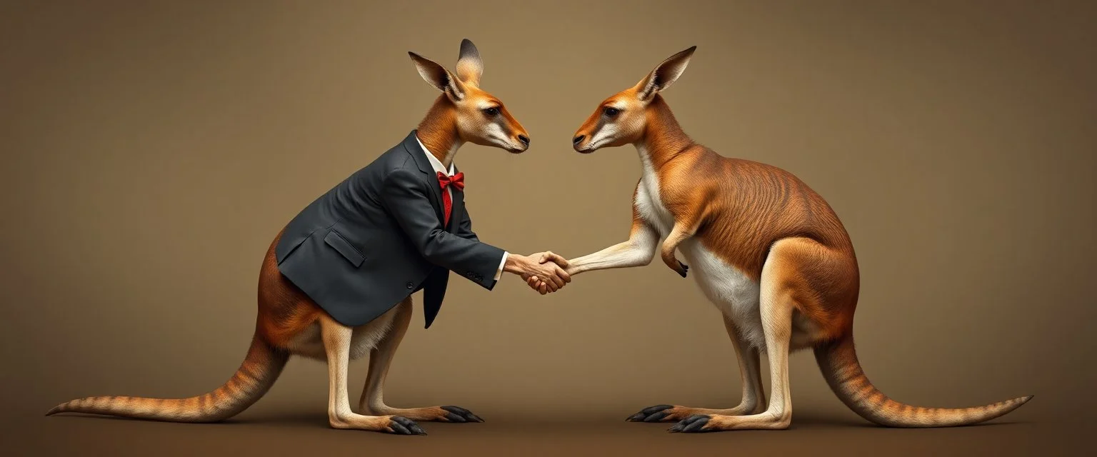 kangaroos in suits shaking hands