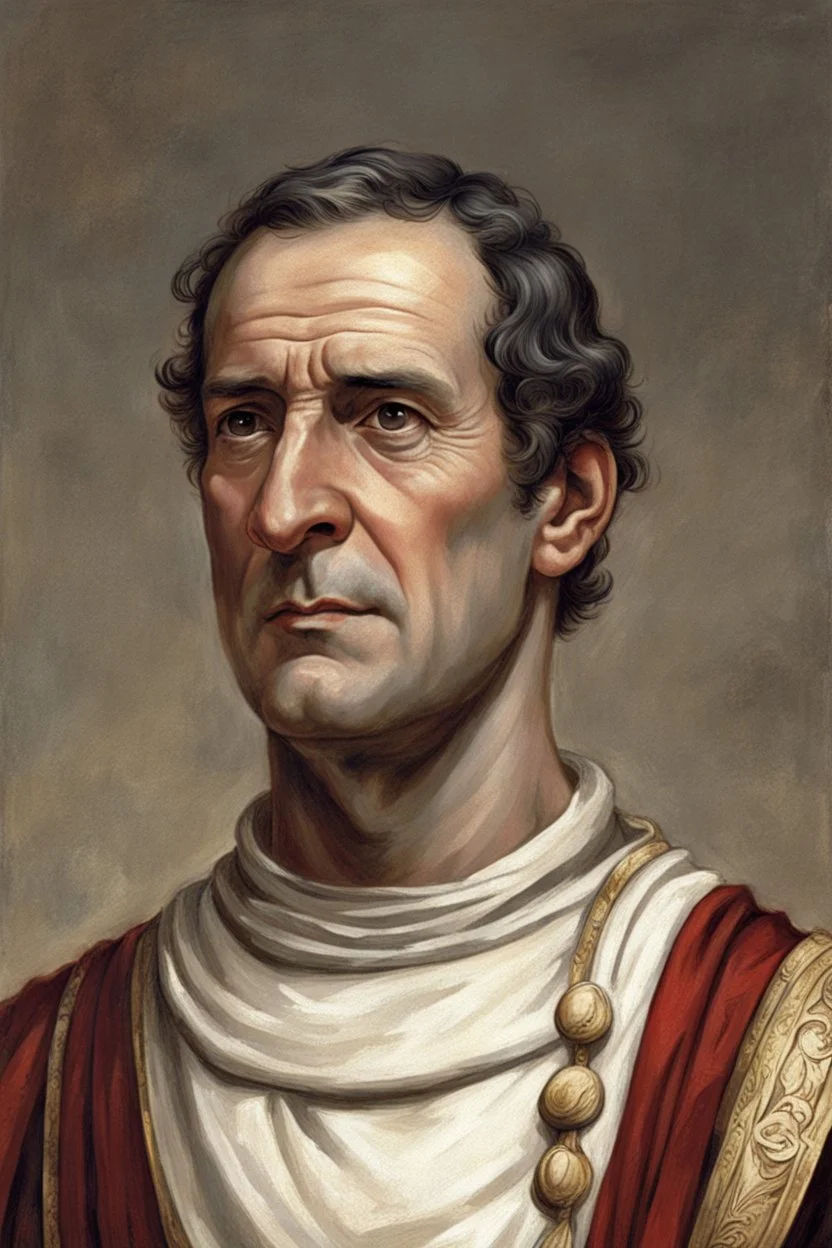 uomo di mezza età, naturalmente capelli scuri e carnagione chiara, magari se proprio vuoi dargli un segno particolare una piccola escrescenza vicino all'occhio tipo Cicerone (Se si vedono le mani il nell'anello senatoriale) vestito con abiti della roma antica